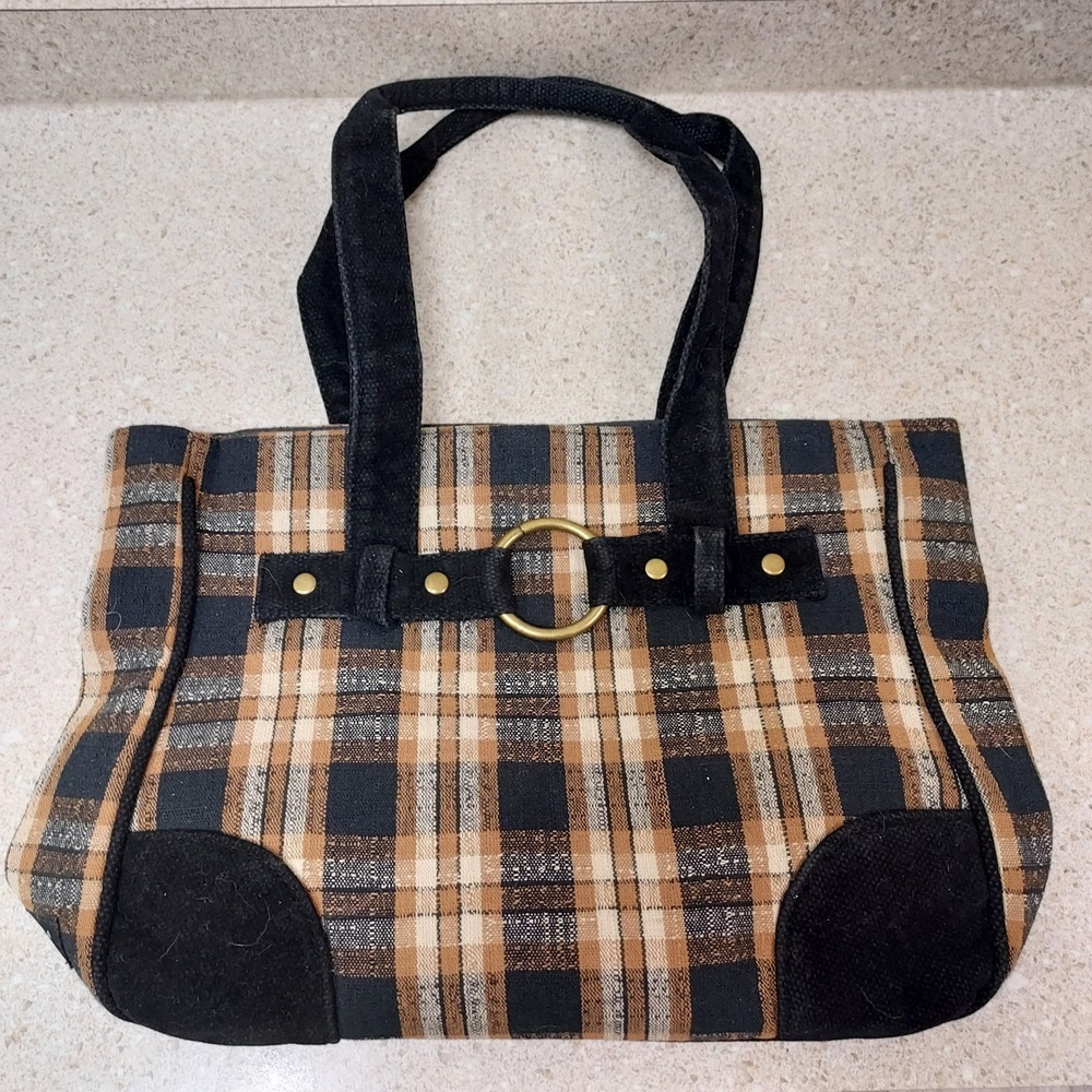 Longaberger Tote Bag Womens Medium Brown Black Plaid Fabric Suede Trim O-Ring